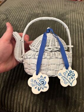 White Wicker Teapot Accent Basket with Blue Ribbon and Floral Tags